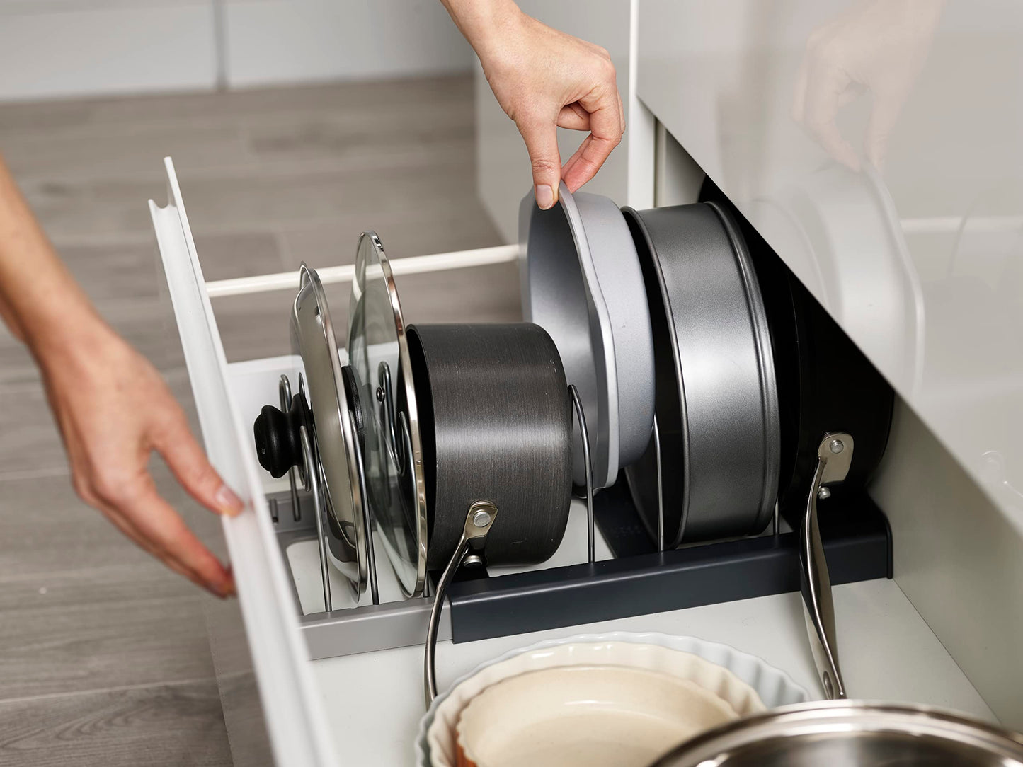 Joseph Joseph DrawerStore Expanding Cookware Organizer, Space saving storage for pan lids, baking trays - Grey