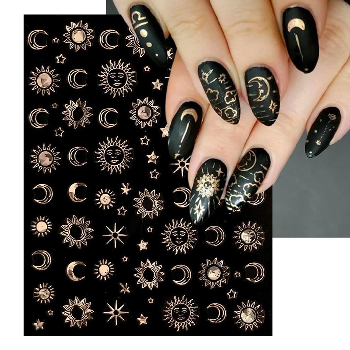 IDDFEVE Gold Sun Nail Art Stickers - Sliver Moon Star Self-Adhesive 3D Nail Decals for DIY Golden Slivery Manicure (6 Sheets)
