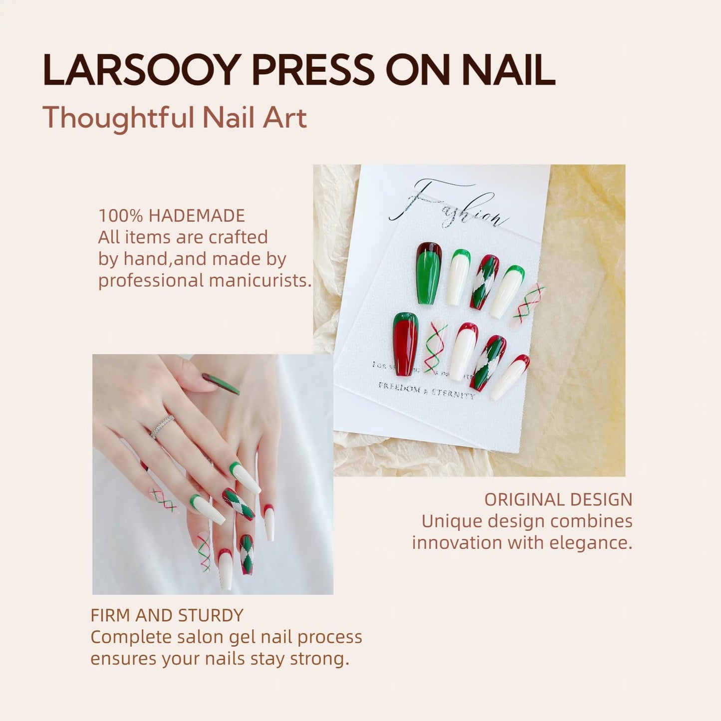 LARSOOY Nails Handmade Press on Nails Long Coffin | Handmade Nails with Christmas Theme | Reusable fake Nails with Unique Designs | False Nails 10 Pcs (Christmas Theme, M)