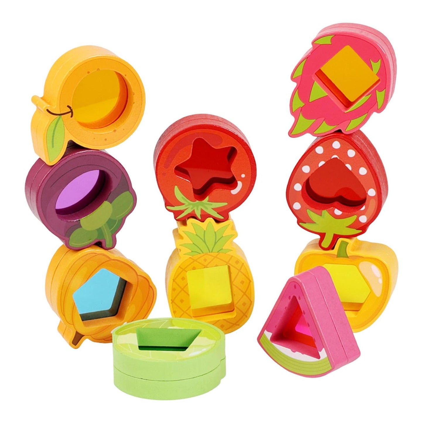 Wooden Stacking Blocks for Kids, 10-Piece Sensory Toy Set with Acrylic Fruit & Vegetable Shapes, Fine Motor Skills Gift for Boys Girls