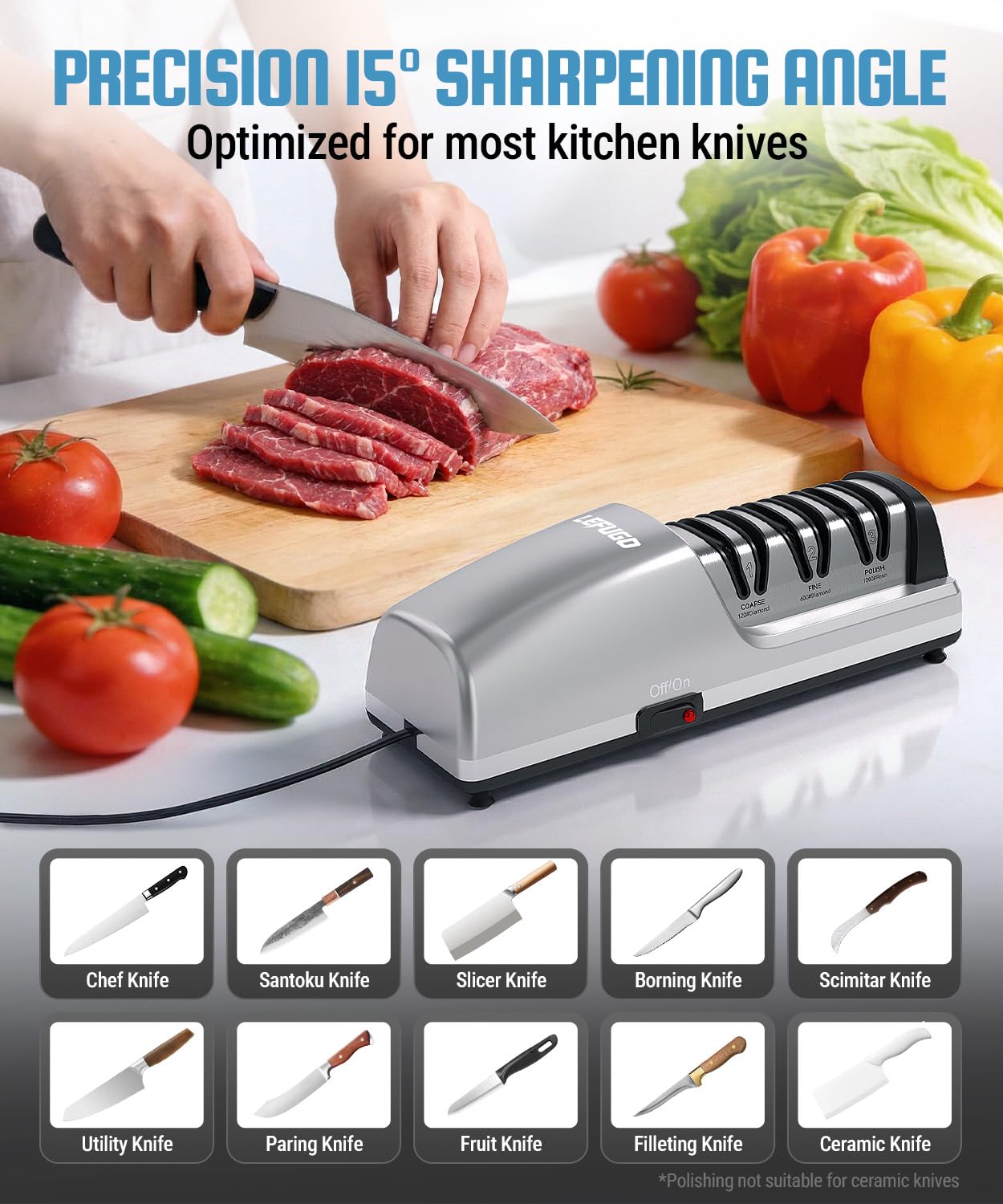 LEFUGO Electric Knife Sharpener for Kitchen Knives, Detachable Sharpening Head, 3-Stage Knife Sharpener Electric, 100% Diamond Abrasive, 15-Degree Precision Angle, Fast Sharpening, Polish (Silver)