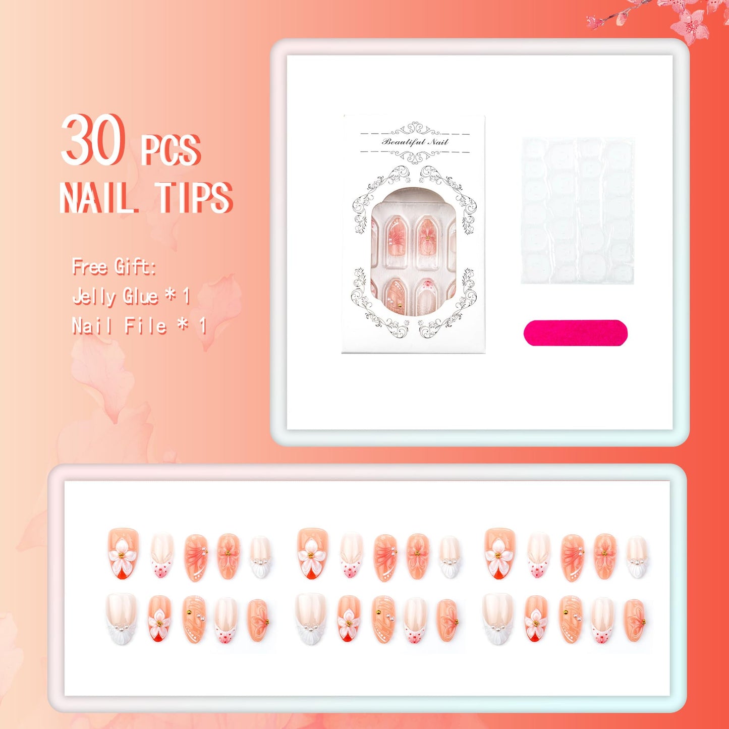 plalely Long Press on Nails Almond, Acrylic Press on Nails with Flower Designs, Long Almond Nail Tips for Women 24pcs