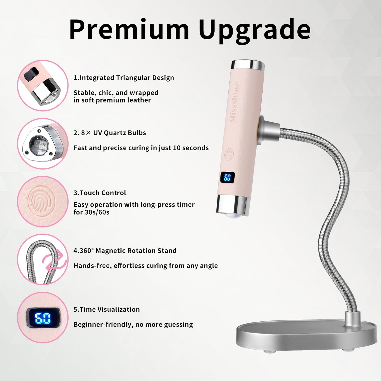 Missshine UV Light for Nails Handheld Cordless Nail Lamp,Rechargeable Nail Dryer with LED Display,Fast Curing Goosenecks Lamp with Auto Sensor DIY at Home (Pink)