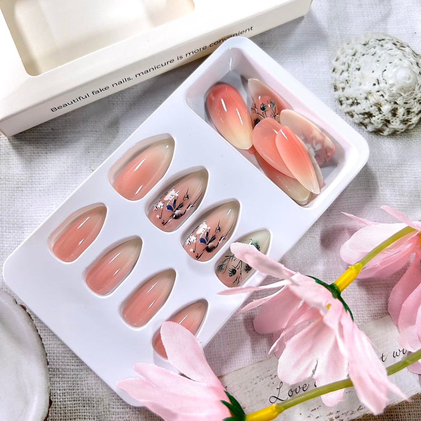 CJDLTS 24Pcs Almond Tip Acrylic Fake Nail Pink White Gradient Press on Nails Medium Length Blue Flower Pattern Design Full Cover Glossy Artificial Fingernails Summer Acrylic Stick on Nails for Women