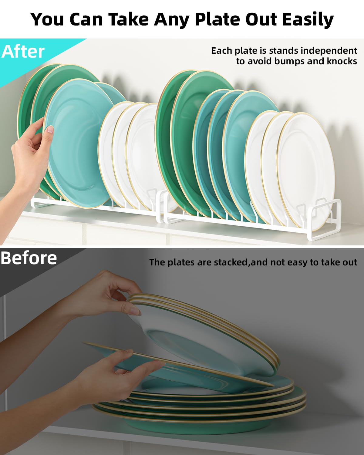 Plate Organizer for Cabinet (2-Pack),Kitchen Dish Rack Organizer for Cabinet Countertop Drawer Space Saver，8 Slots Vertical Plate Holder Storage Rack, Housewarming Kitchen Gifts for Women (White)