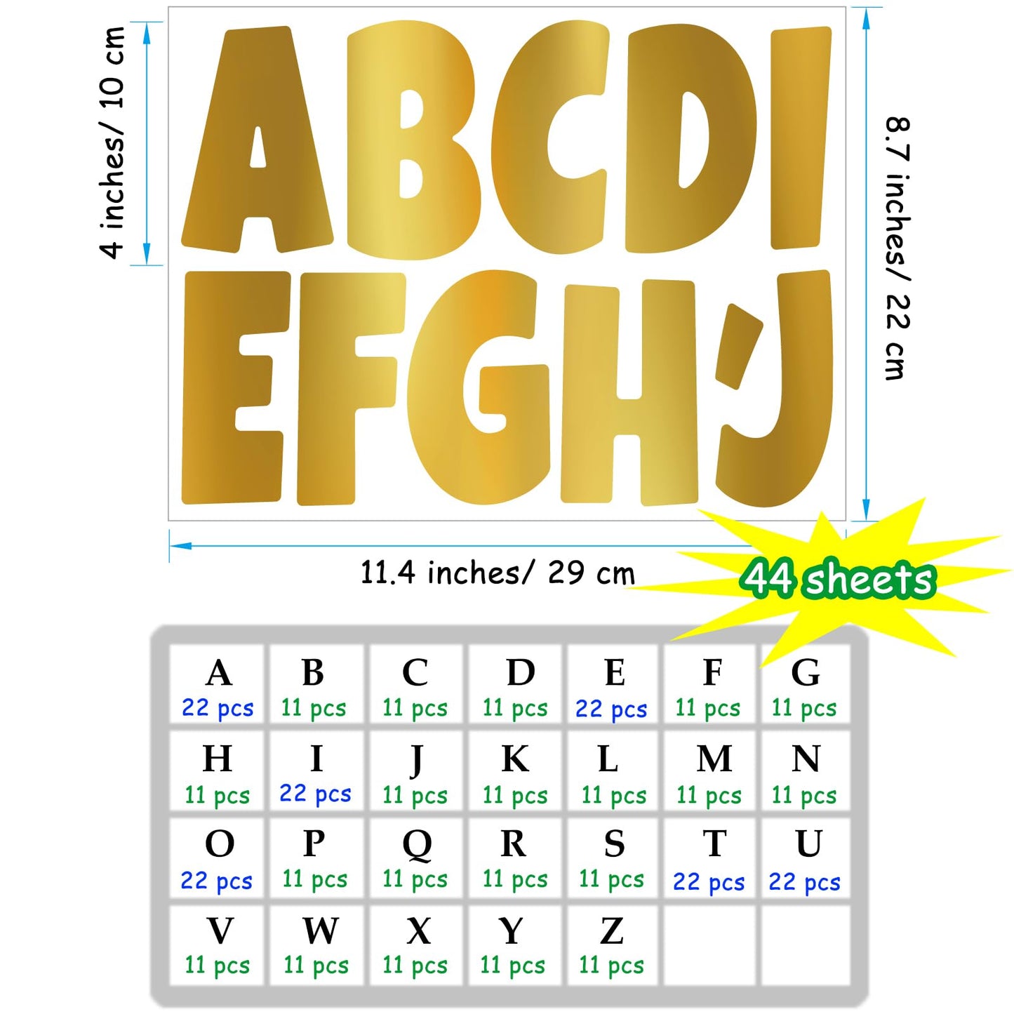 Bemeol Bulletin Board Letters 462 Pieces 4 Inch Alphabet Letter Stickers Cutout Letters for Poster Board Display Home Classroom School Decor(Gold)