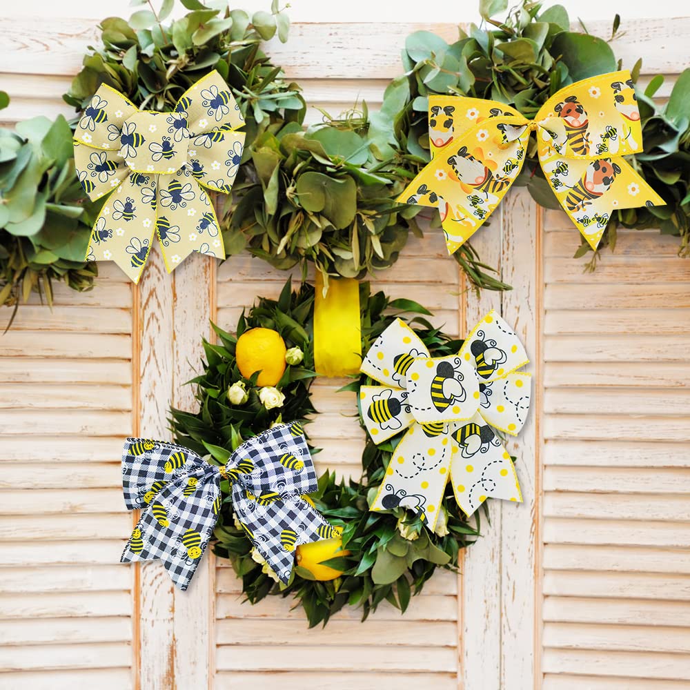 Bee Wired Edge Bumble Honey Bee Gnome Dot Yellow Wreath Ribbon for Summer Teachers' Day Easter Sewing DIY Craft Fabric Burlap Yellow Ribbon for Bows Wrapping Party Decorative