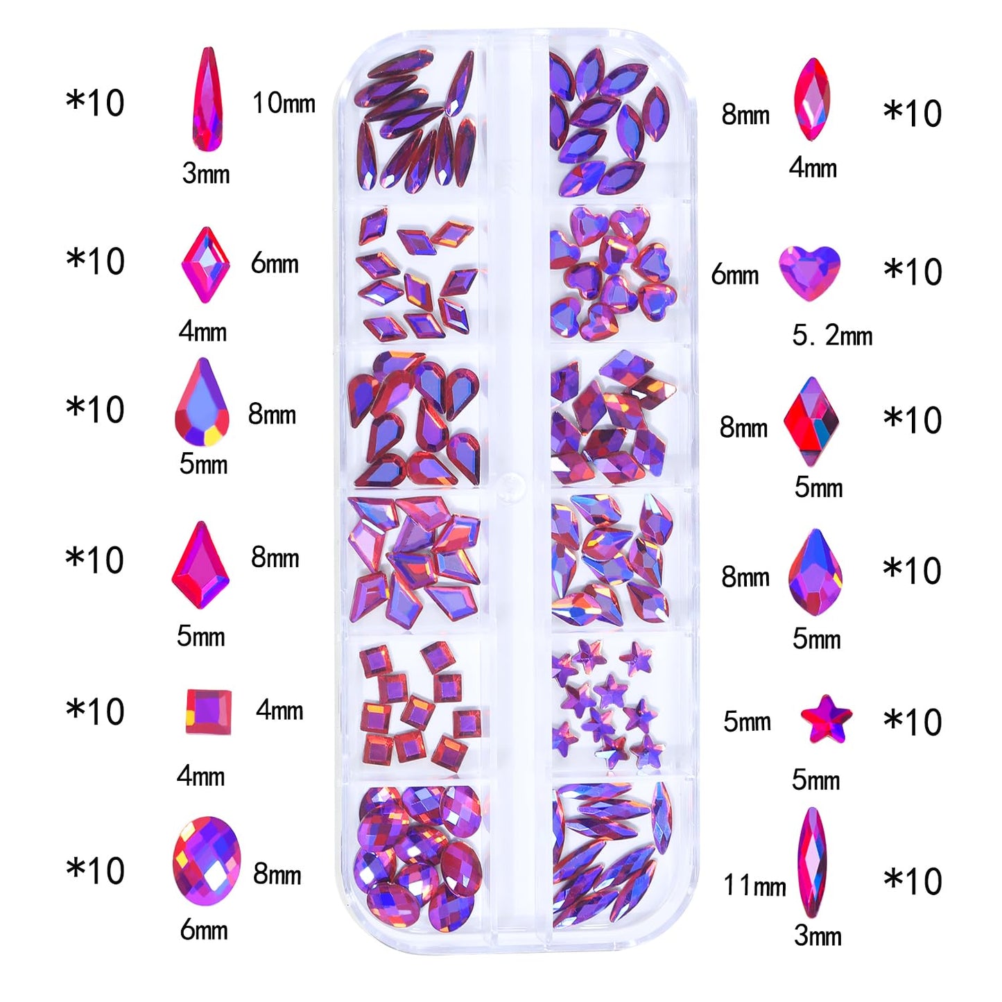 HNUIX Nail Rhinestones - 3D Multi Shape Size, Crystal AB Red Nail Gems, Flat Back, with Kit, for Nail Art, DIY Decorations