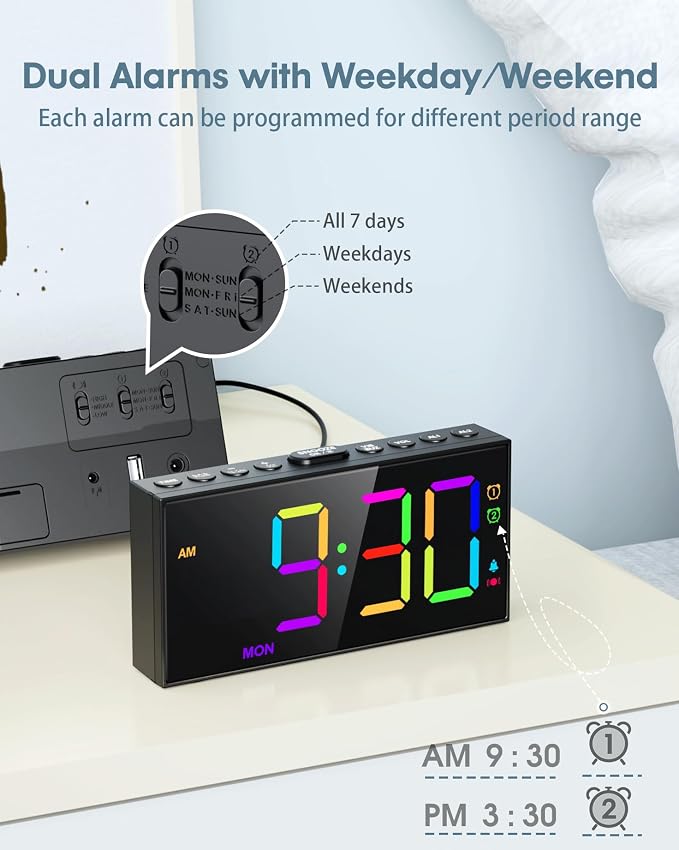 RGB Display Vibrating Alarm Clock with Bed Shaker for Heavy Sleepers Adults
