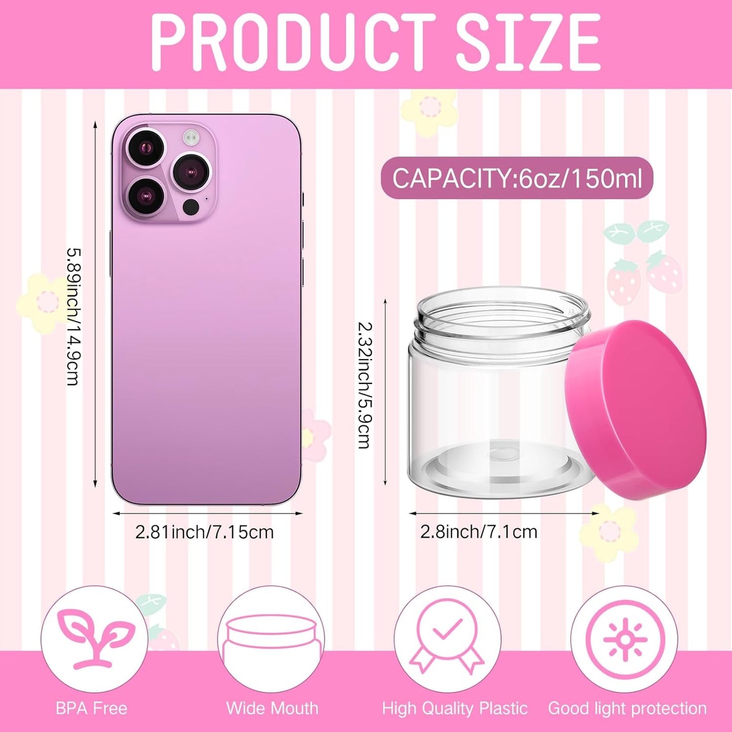 SATINIOR 100 Pcs Plastic Jars with Lids Small Containers Lids Wide Mouth Small Plastic Containers for Lotion Cream Rhinestones Body Butters Travel Storage(6 oz, Pink)