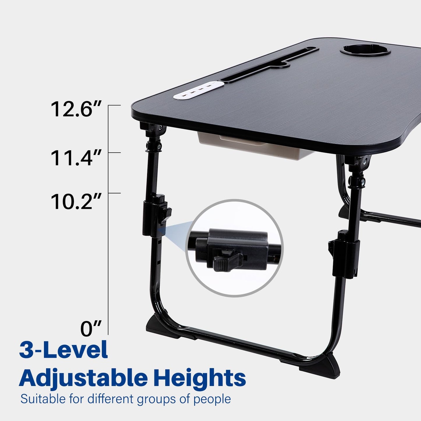 BYMECOST Laptop Desk for Bed, Height Adjustable Laptop Bed Table, Foldable Portable Lap Desk Stand with USB/Storage Drawer/Cup Holder/Slot, Breakfast Tray for Working Reading Writing Eating
