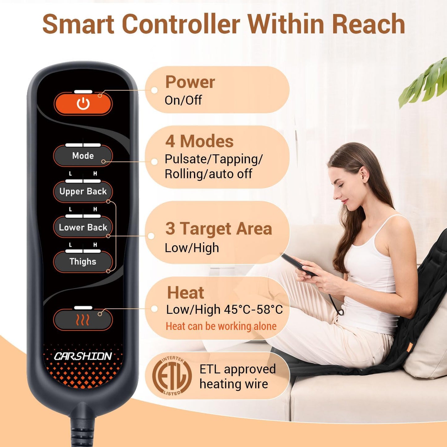 CARSHION Back Massager with Heat,Heated Seat Cover Cushion with 5 Vibrating Massage Nodes Chair Pad for Pain Relief Home Office Use
