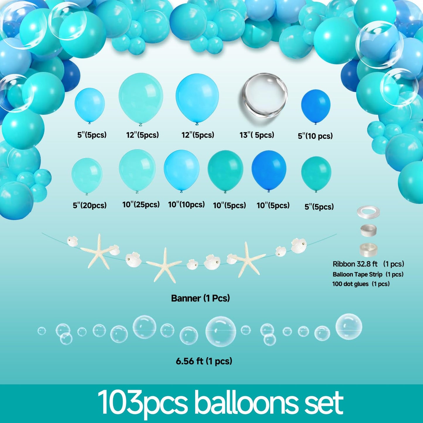 Beach Birthday Party Decorations, Ocean Waves Birthday Supplies - Under the Sea Balloons, Ocean Backdrop, Beach Tablecloth, Bubble Garland, Seashell Banner, Sea Creatures Cake Toppers