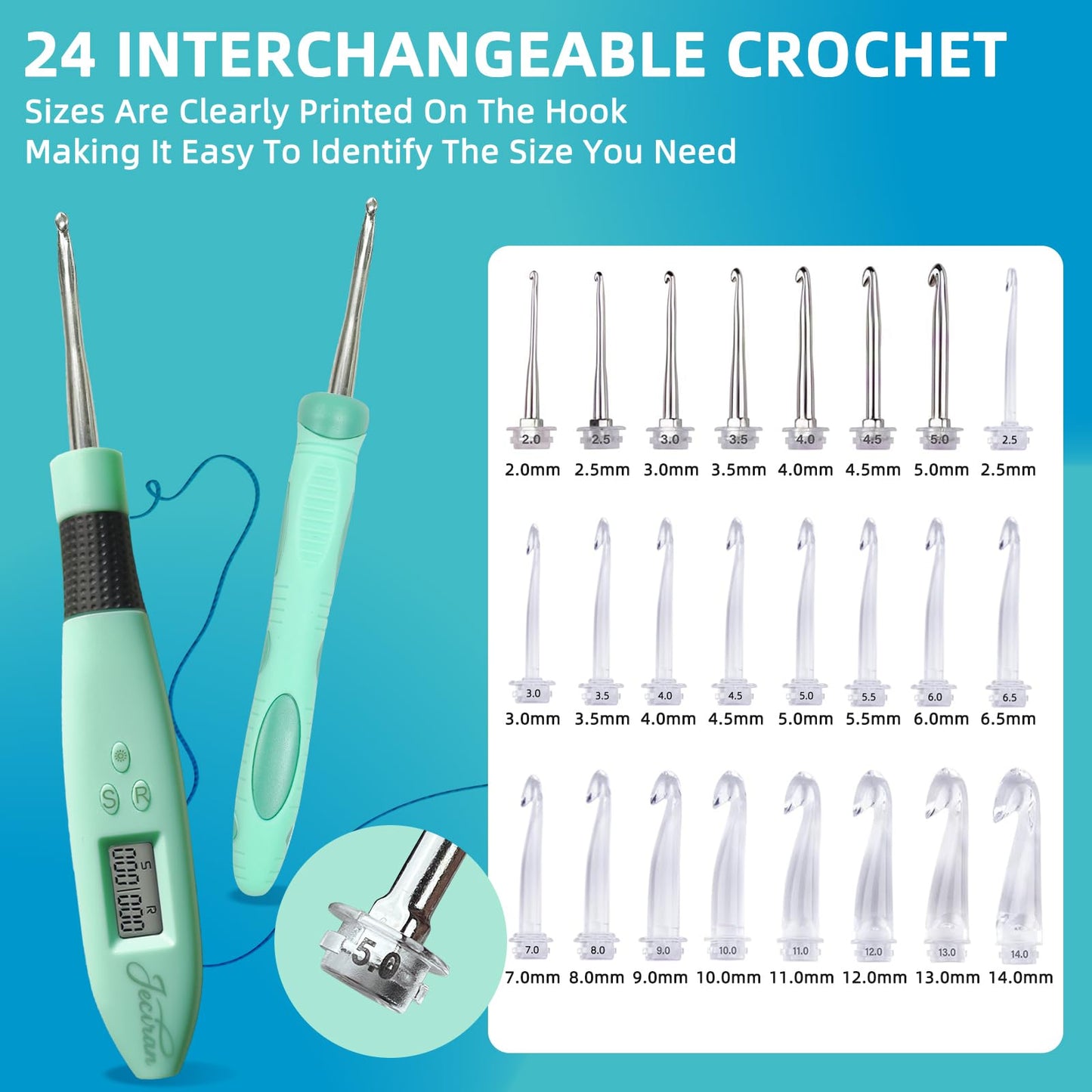 Jeciran 24 Interchangeable Heads Light Up Crochet Hook Set with Digital Stitch Counter,Ergonomic Rechargeable LED Crochet Hooks for Dark Yarn & Arthritic Hands,Knitting Tool Kit,Gifts for Crocheters