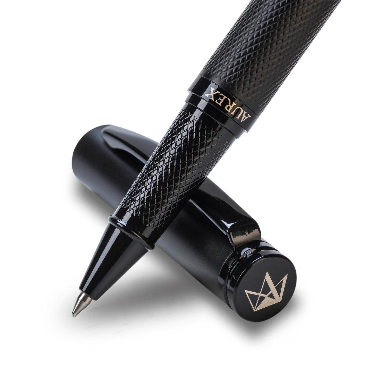 AUREX Luxury Black Rollerball Pen – Metal Pen with Cap, Micro Tip, Diamond Body Design, Gift Box & Blue + Black Ink – Executive Writing Pen