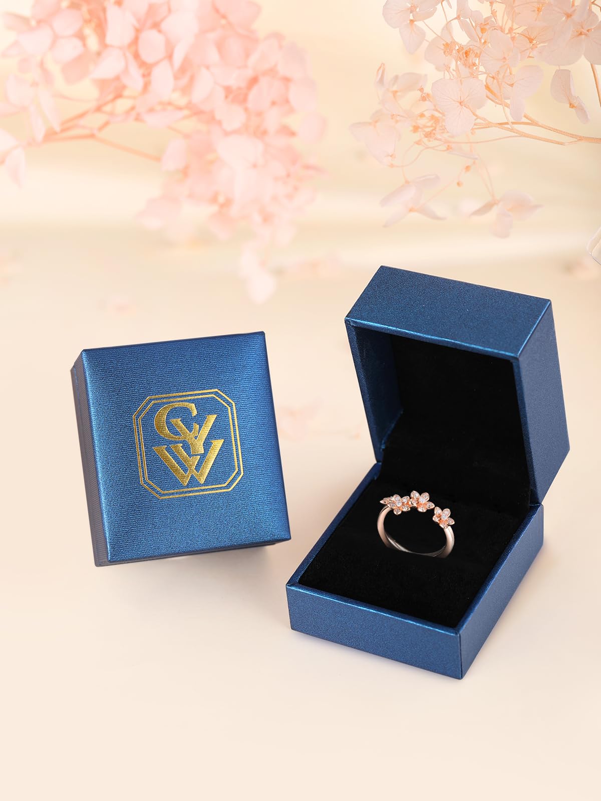 CYW Sterling Silver Moissanite Rose Gold Stacking Ring Adjustable Cherry Flower Floral Blossom Womens Open Rings