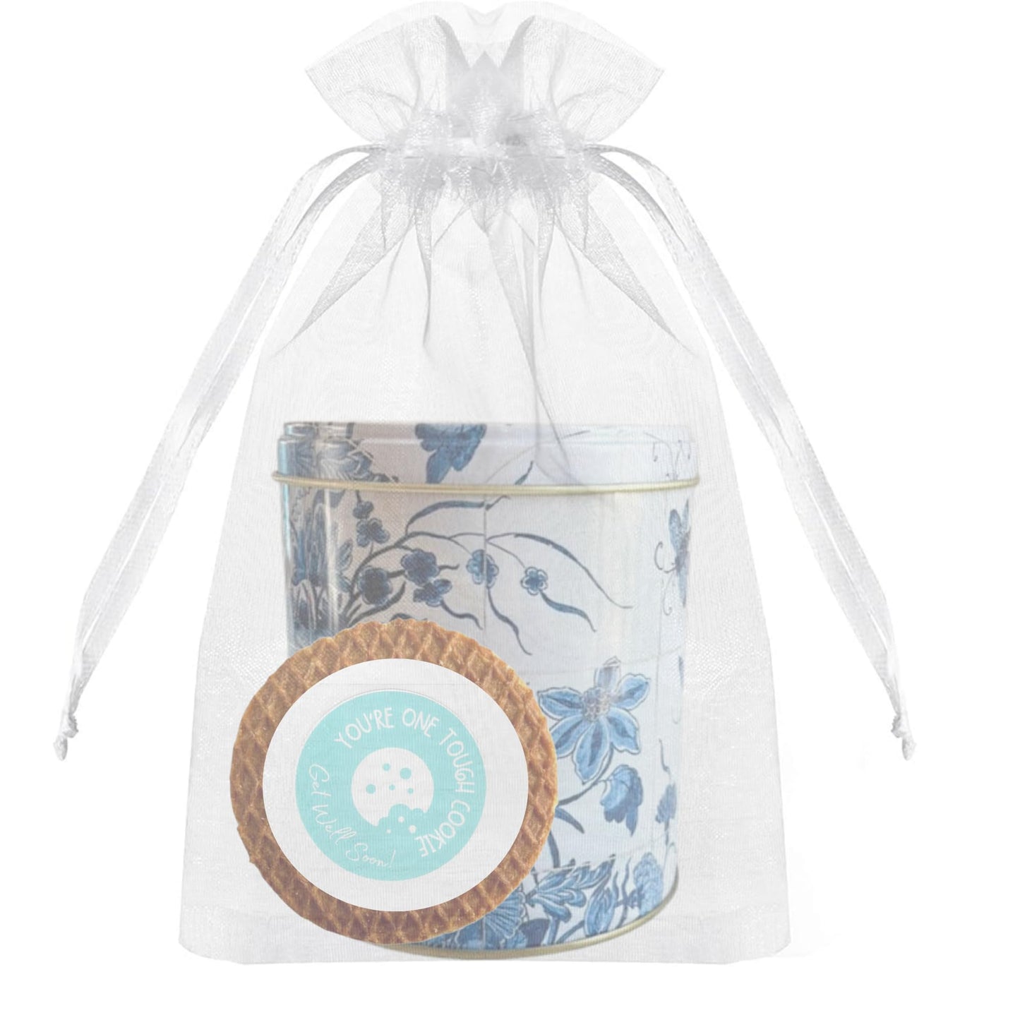 DeReuze Dutch Stroopwafels Gift Set with Decorative Netherlands Inspired Design Blue Tin and Special Occasion Gift Message Shipped in Organza Bag (Get Well Soon)