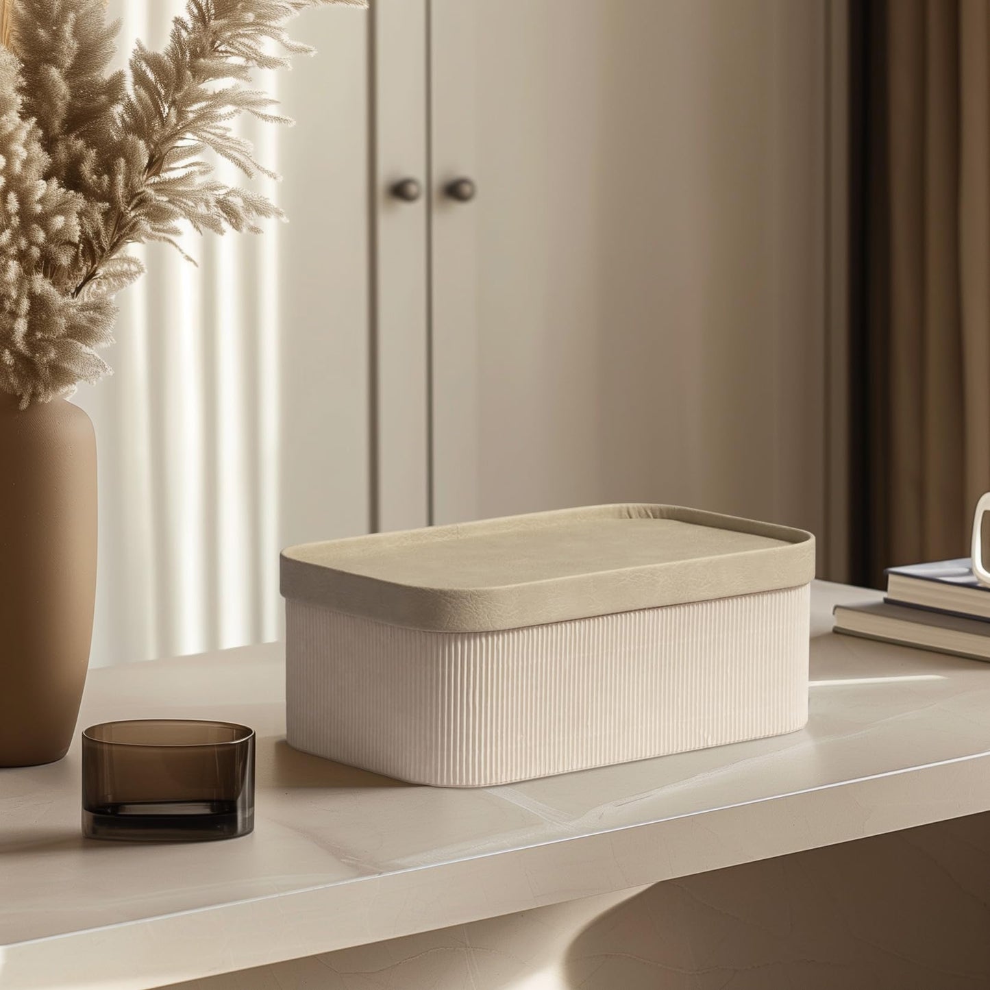 La Jolie Maison Fluted Cardboard Storage Baskets with Leather-Like Lids, Sturdy Stackable Paper Boxes Decorative Tray,Set of 3 Ivory