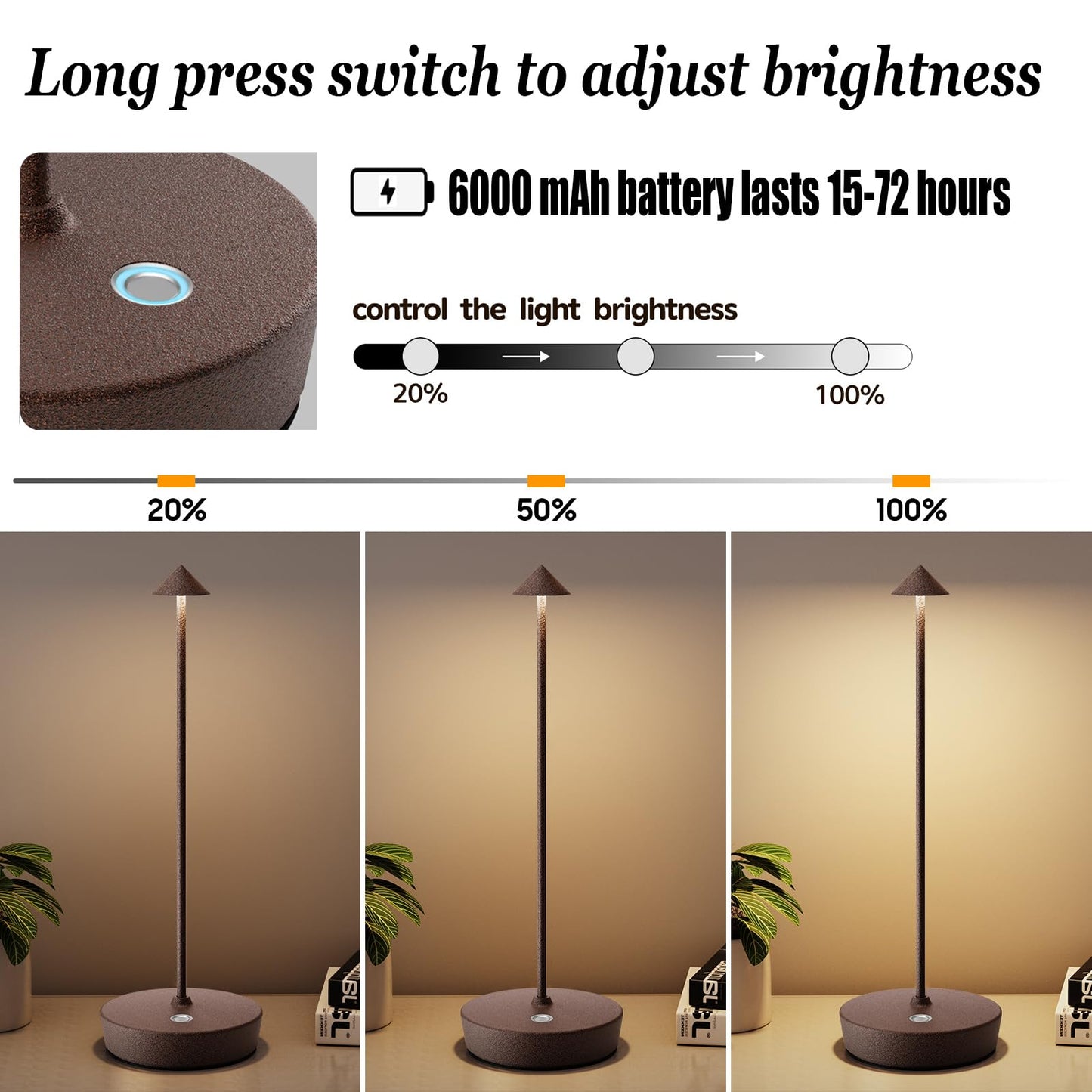 YIBEN 2Pack Rechargeable Cordless Table Lamp, Portable Powered LED Battery 6000mAh Metal USB Desk Lamp, 3 Levels Brightness Light for Restaurants Outdoor (2pack ferruginous)
