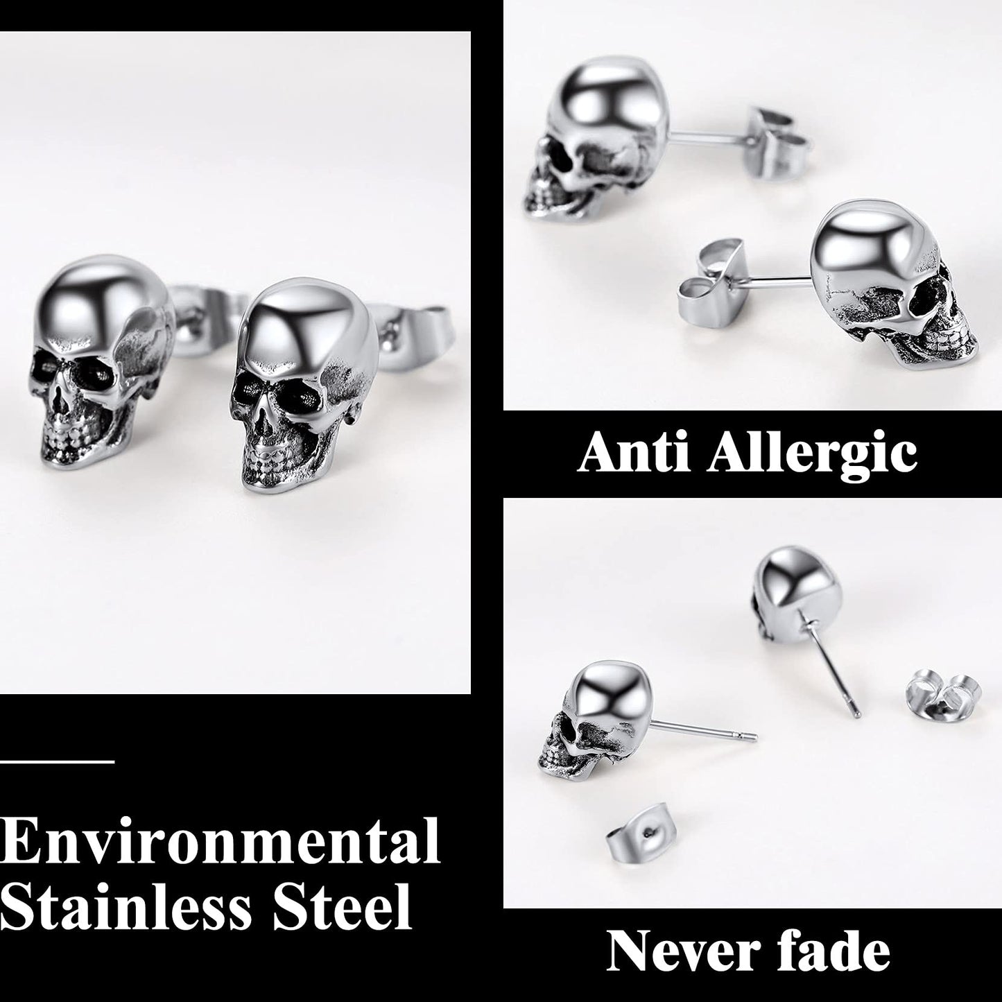 Stainless Steel Skull Stud Earrings for Men Women Punk Rock Ear Piercing Earring Halloween Jewelry