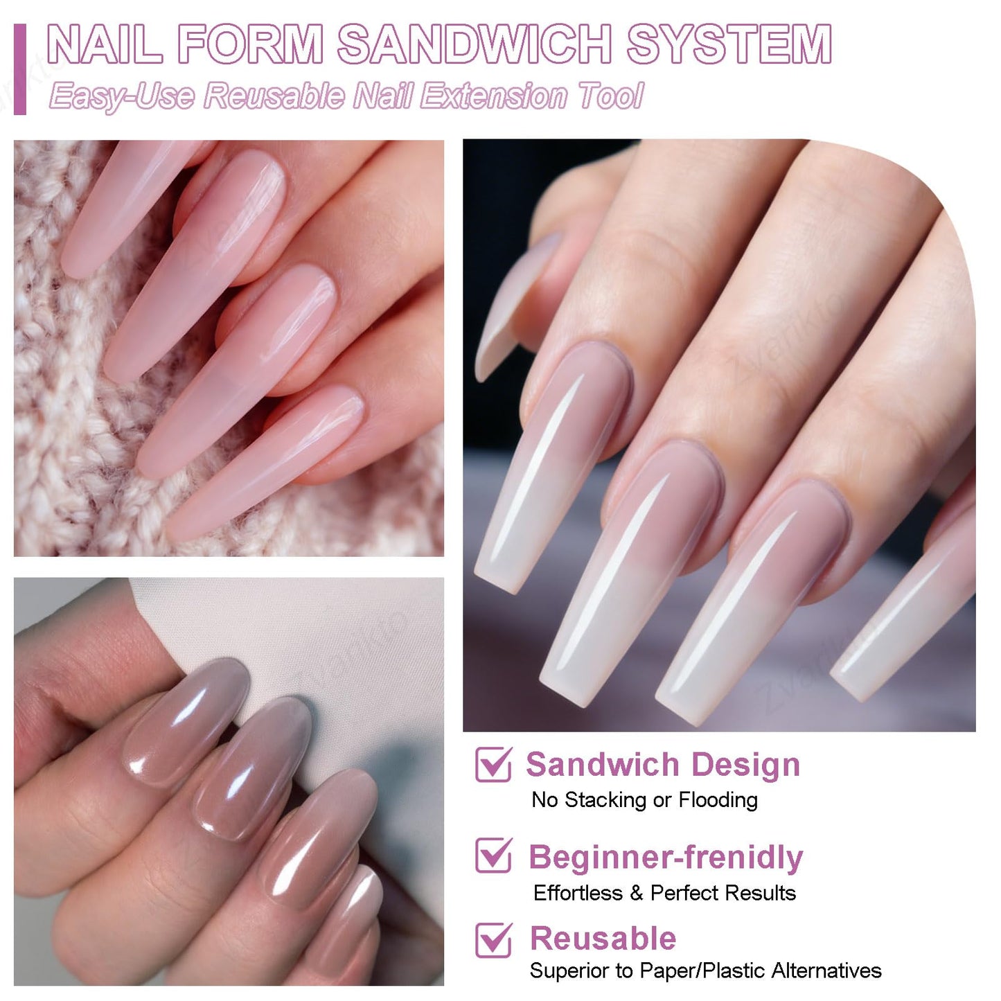 Zvarikto Sandwich Nails Dual Forms 240Pcs Oval Shape, Dual Nail Extension Forms with 15 Sizes, Reusable Plastic Nail Mold for Builder Gel & Poly Gel, No Paper Forms Needed, Salon & Home DIY Nail Art