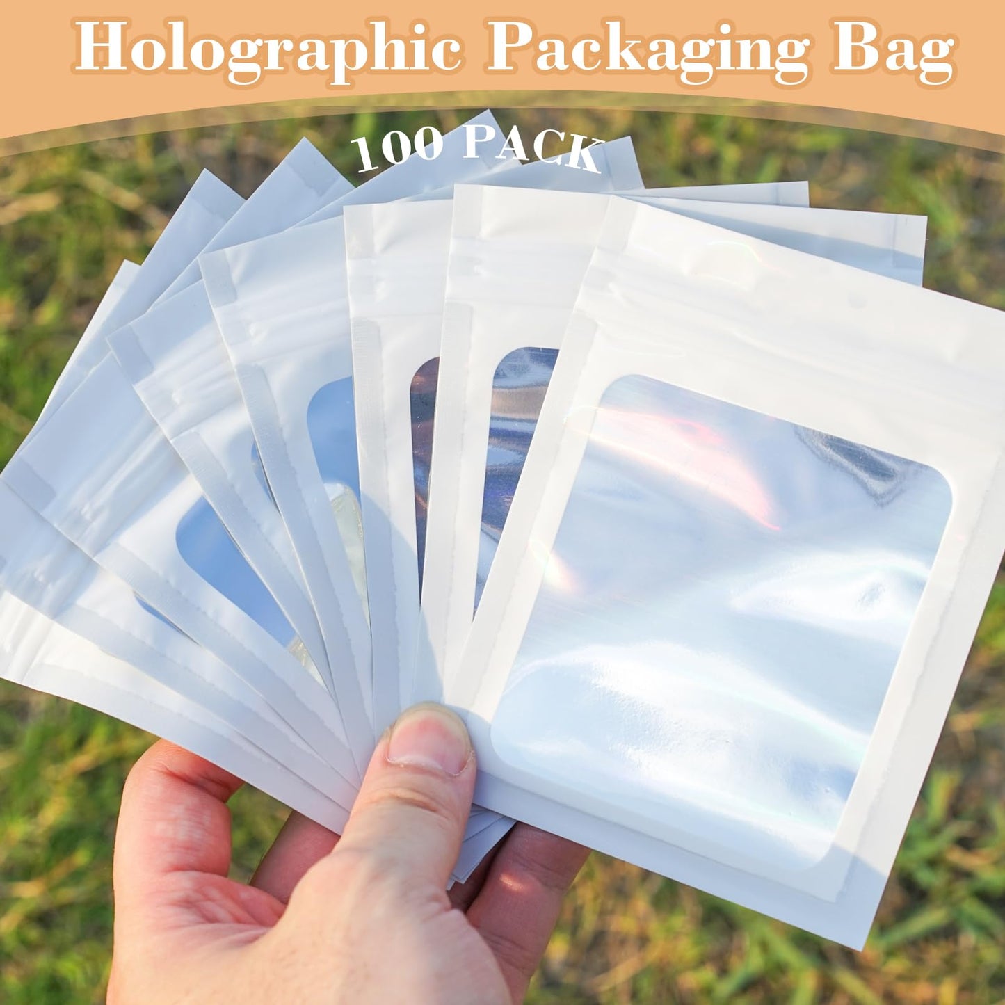 202pcs Press on Nail Packaging Bag, 100pcs Empty Holographic Nail Storage Bag and 100pcs Instruction&Display Black Cardboard with 2 Roll Transparent Tape for Nail Display Profession Salon(White, 100)