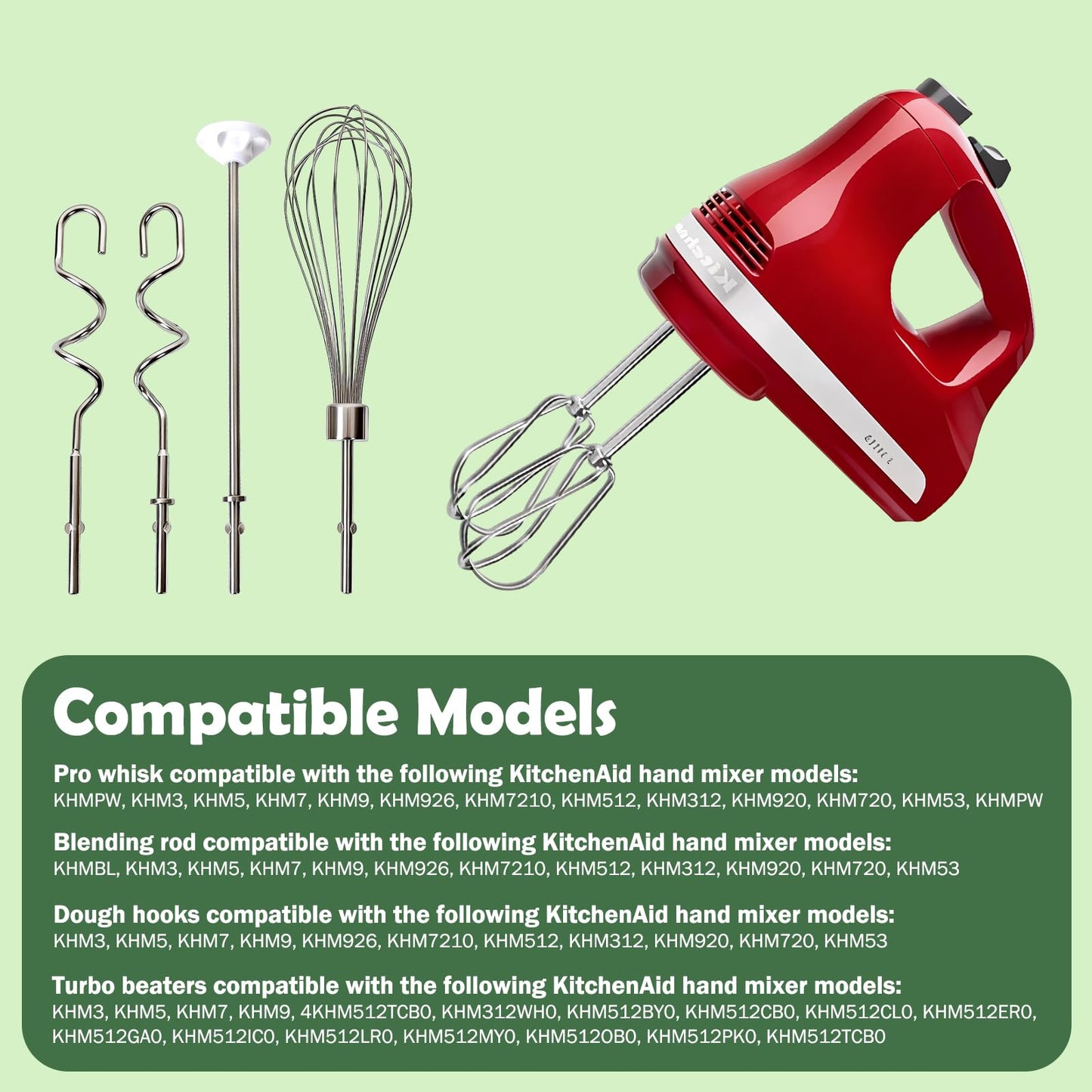 Hand Mixer Attachments, 6 Pcs Stainless Steel Set Turbo Beater, Pro Whisk, Dough Hooks & Blending Rod | Compatible with KitchenAid KHM3, KHM5, KHM7, KHM9, KHM512, KHM926 Series Hand Mixers