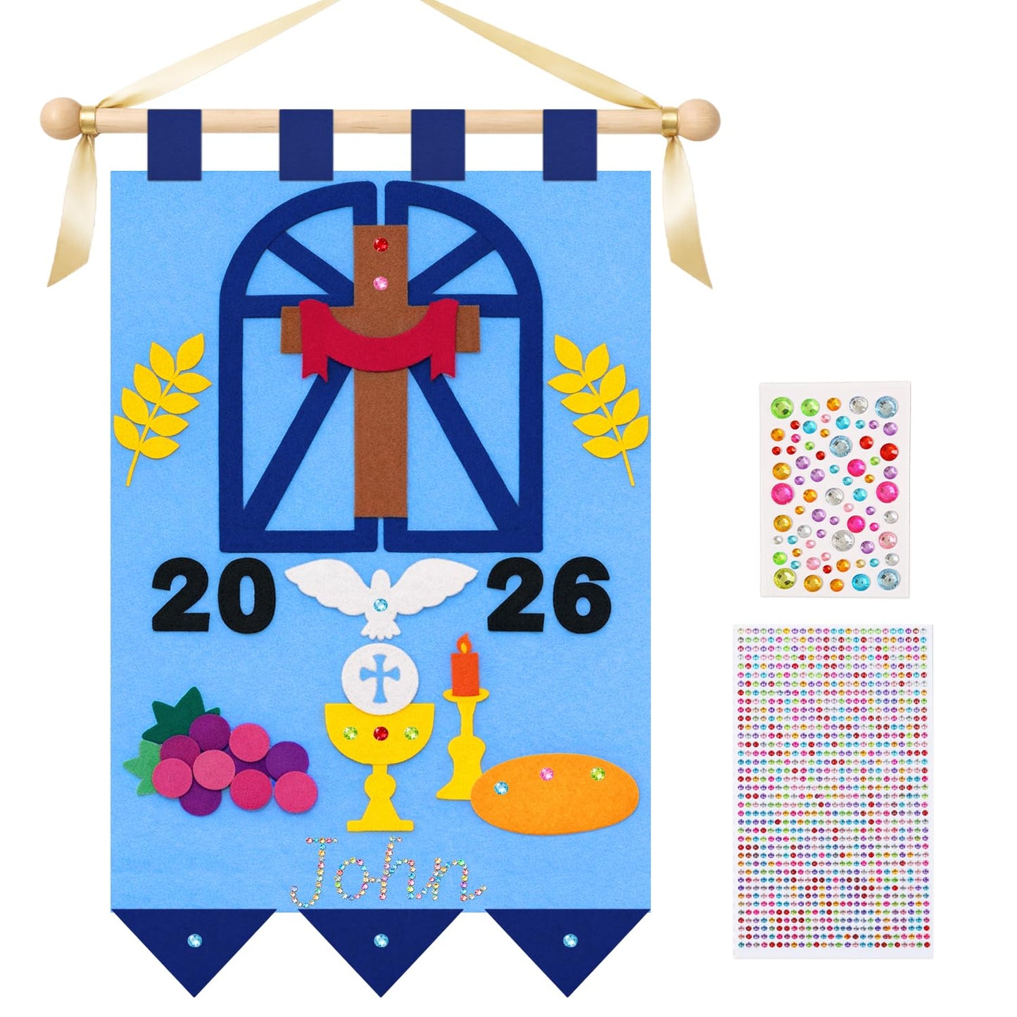 DIY First Communion Felt Banner Kit 9 x 12 Inch First Holy Communion Banner with Diamond Gem Stickers for Kids Sunday School Church Activity Baptism Party Decoration