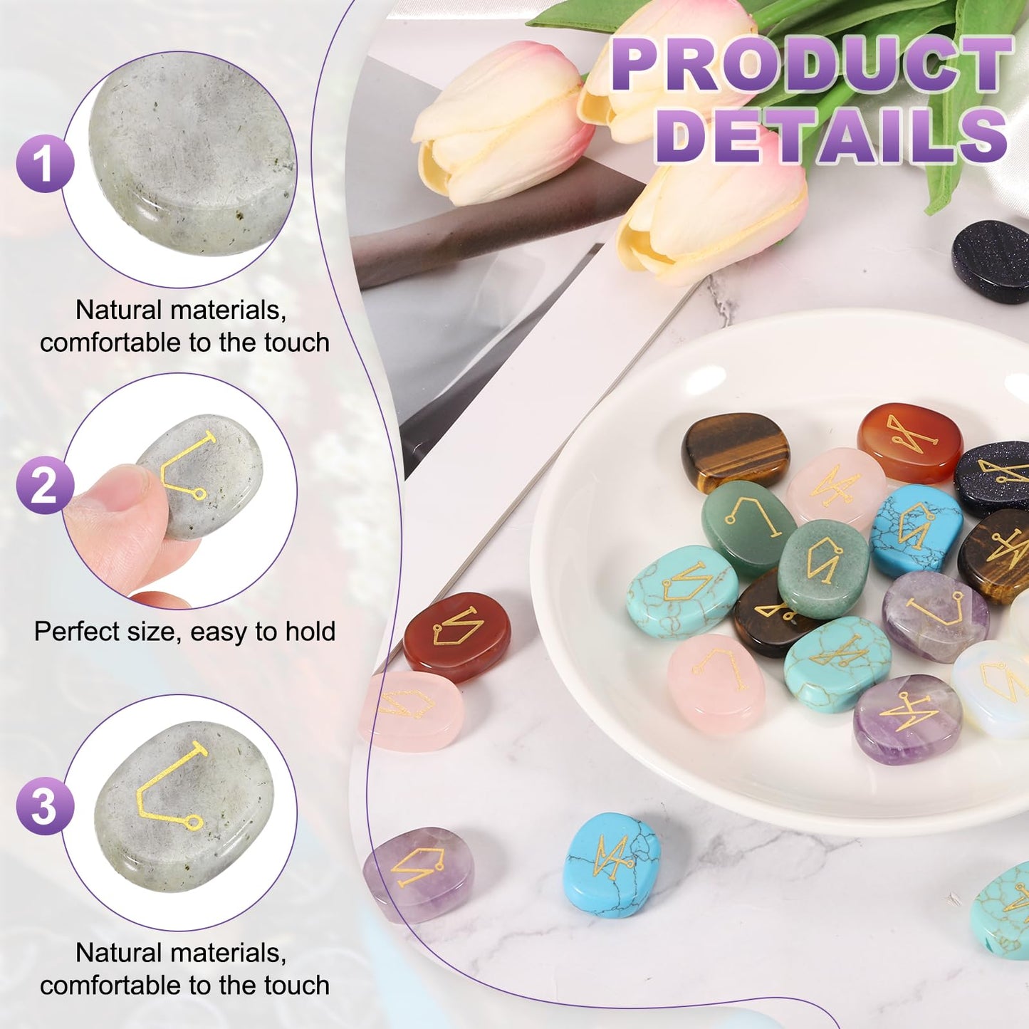 MECCANIXITY 4Pcs Engraved Chakra Stones with Reiki Symbols, Labradorite Reiki Healing Crystal Gemstone 7 Chakra Crystal Stones Tumbled Palm Stone for Anxiety Relieve