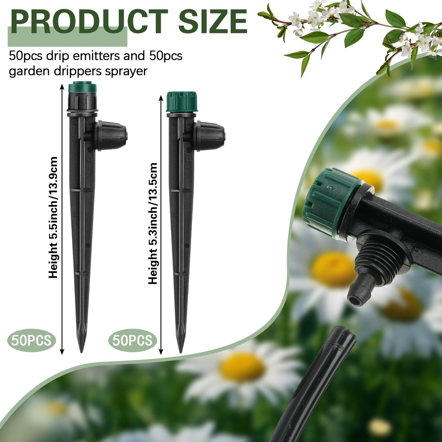 Glooglitter 100 Pcs Drip Irrigation Emitters for 1/4" Tubing 50 Micro Irrigation Emitters Sprayer 50 Adjustable 360 Degree Water Flow Drippers for Garden Irrigation System(Green, Latch)
