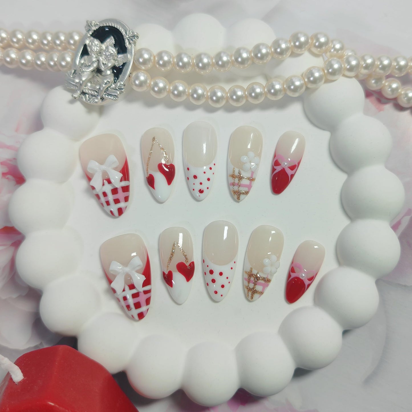 Almond Press on Nails Handmade Medium Long/Stiletto 3D Flower Fake Nail with Designs, Women Reusable False Nails (Valentine Red French, S)