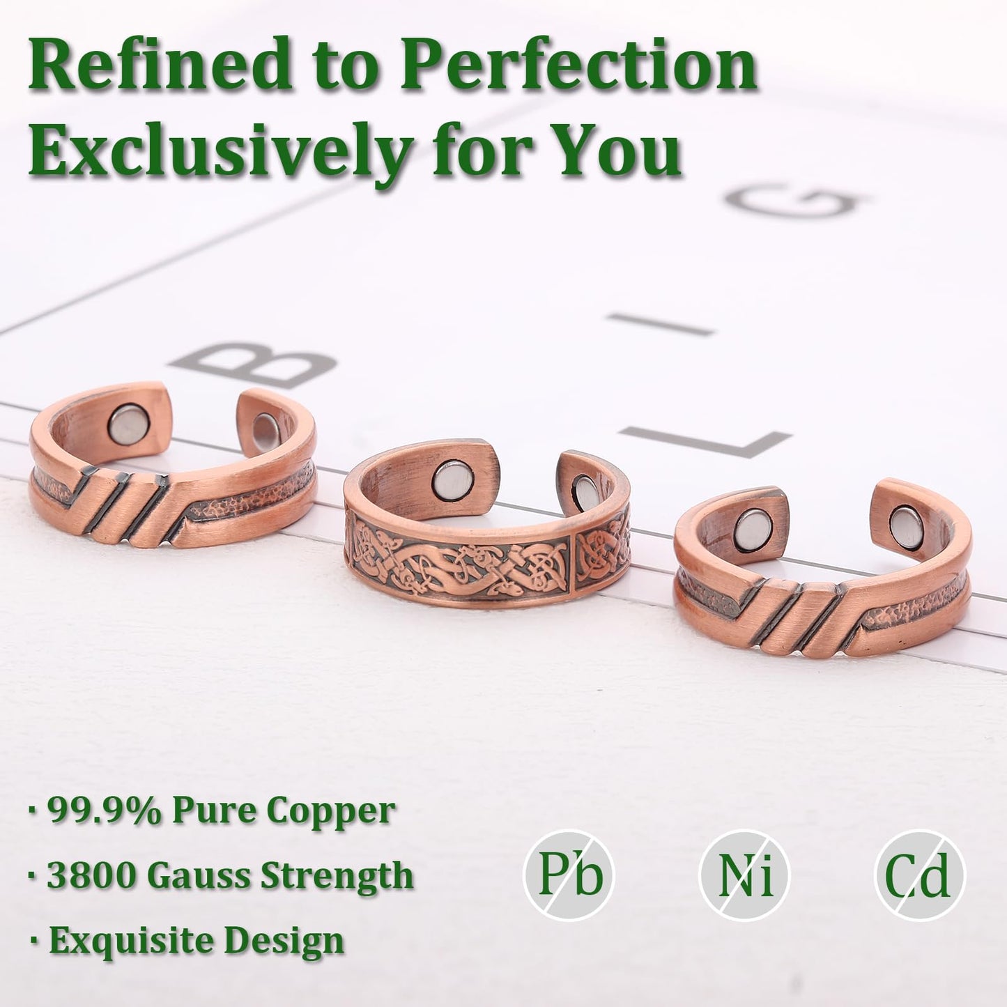 Fashtour 3 Copper Rings for Men, 99.9% Pure Copper Magnetic Rings, Vintage Pattern Adjustable Cuff Ring
