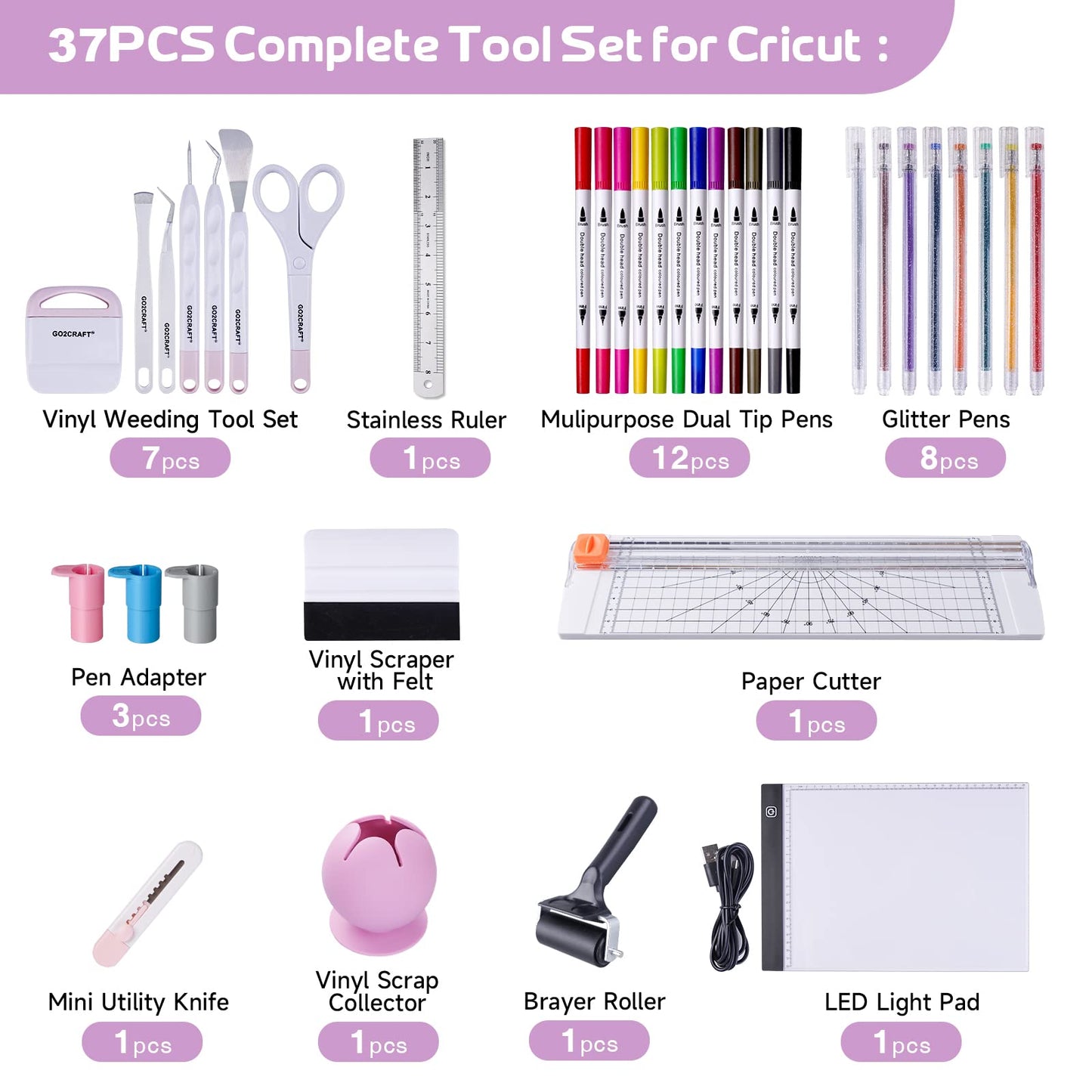 GO2CRAFT 37Pcs Essential Tool Set, Ultimate Tool with 7Pcs Weeding Tools for Vinyl, LED Light Pad, 12'' Paper Cutter, Vinyl Scrap Collector, Crafting Starter Kit