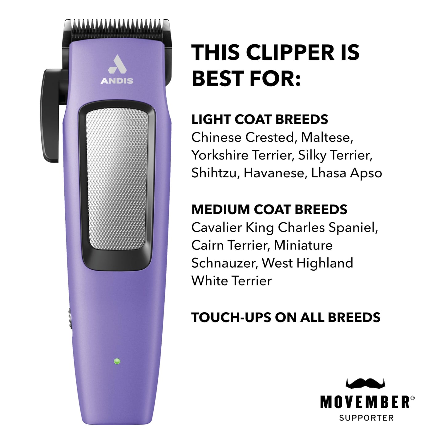 Andis Easy Clip Adjustable Blade Cordless II Dog Clipper, 10 Piece Kit, Lithium-Ion Battery, Purple, 560017