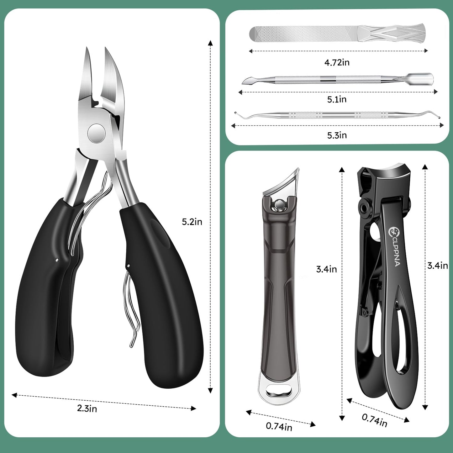 Toenail Clippers for Seniors Thick Toenails, CLPPNA Large Toe Nail Clippers Set for Men with Wide Jaw, Sharp Heavy Duty Ingrown Toenail Clippers Nail Cutter, Long Handle with Slanted Curved Blade