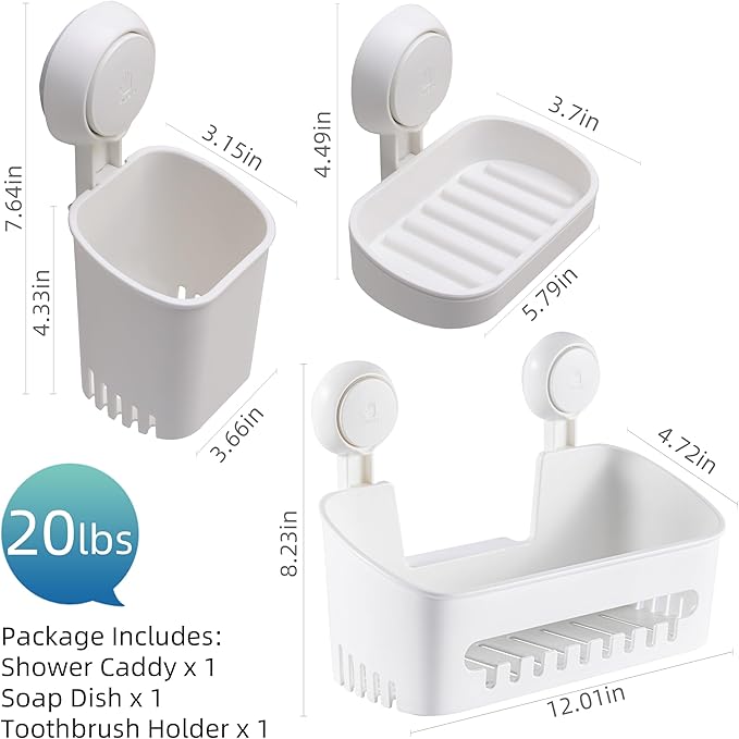 Shower Caddy Suction Cup Set - No-Drill Removable 3-Pack Organizer with Shower Shelf, Soap Dish, and Toothbrush Holder - Strong Suction, Waterproof, Ideal for Bathroom Organization