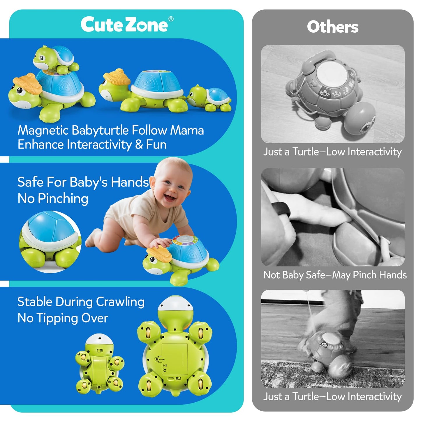 CuteZone Baby Toys 6-12 Months - Turtle Crawling & Musical Tummy Time Toy Set with Light & Sound, Moving Baby Activity for Crawling and Tummy Time, Interactive Gift for Babies