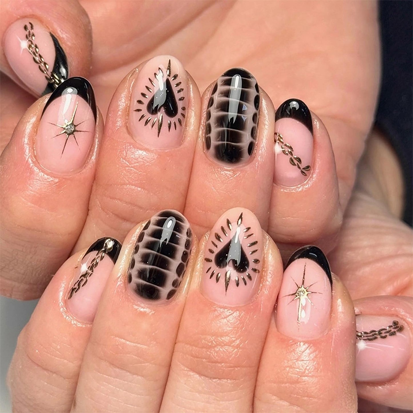 MISUD Press on Nails - Medium Almond Fake Nails with Black French Tip, Acrylic Flower Design 24 pcs