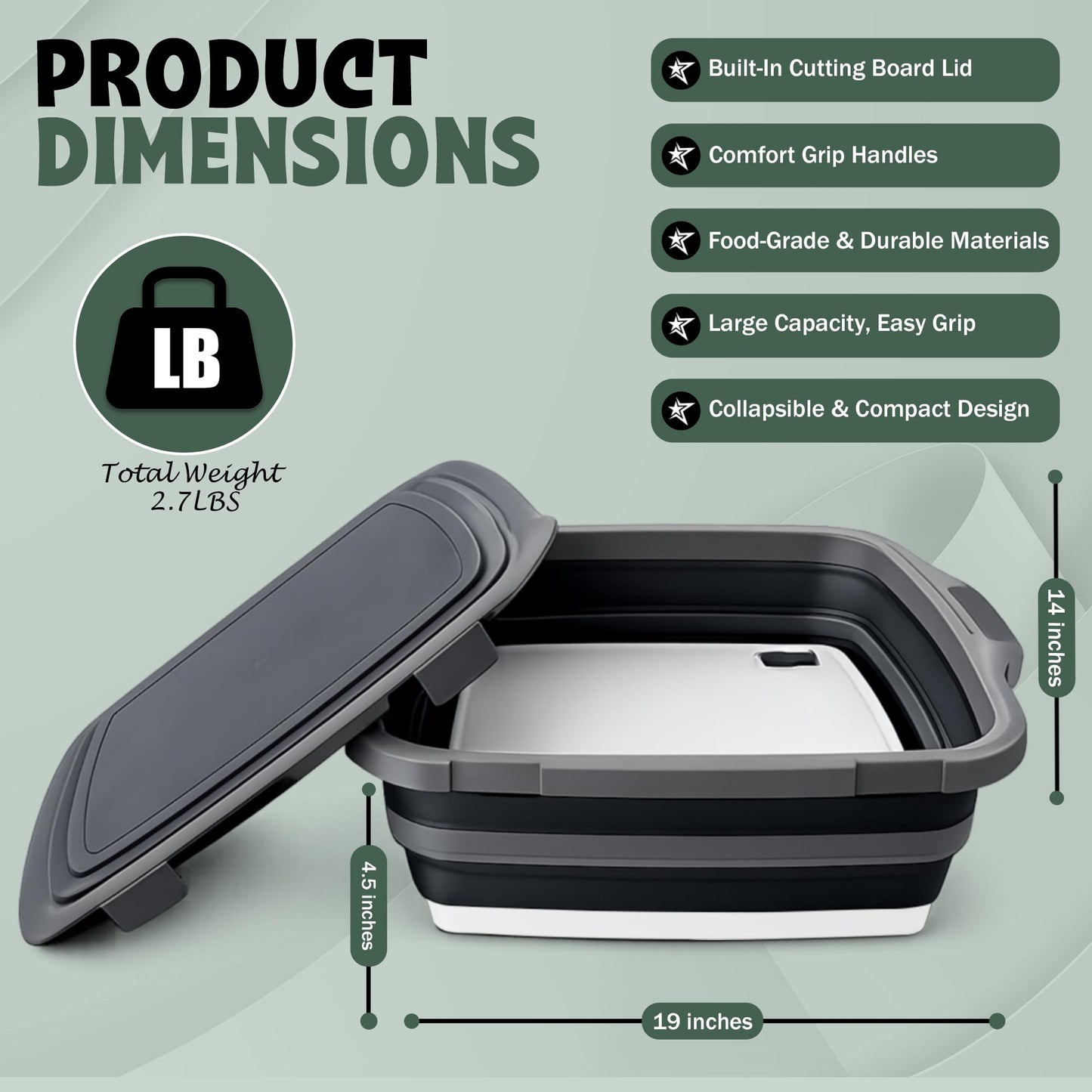 BBQ Prep Tub with 2 Pcs Meat Shredder Claws, Collapsible Cutting Board, Cutting Board with Locking Lids, Drip Easy BBQ Prep Tub with lid-XL Size (Black)