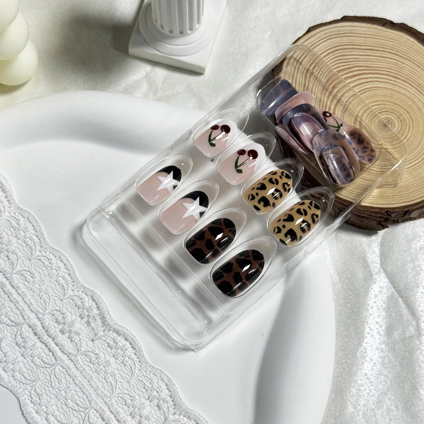 IMSOHOT Press on Nails Short Oval Fake Nails Brown Leopard Print False Nails with Cherry, Billiard Ball Design Full Cover Glossy Stick on Nails for Women