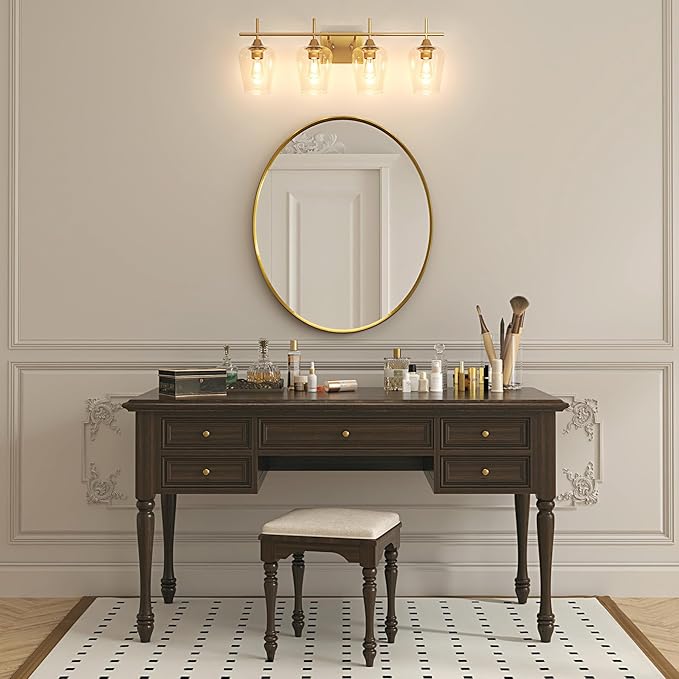 VONLUCE Bathroom Vanity Light, 4 Light Bathroom Light Fixture Over Mirror, Bathroom Wall Lamp with Clear Glass, Modern Gold Vanity Lighting fixtures for Bathroom, Bedroom, Hallway