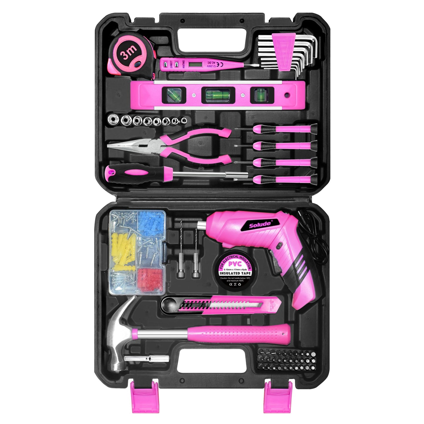 SOLUDE Pink Tool Set,130 Piece Home Tool Kit for Women with 3.6V Cordless Rechargeable Screwdriver,Basic Household Tool Kit Set for New Home,Apartment,College Dorm & DIY Projects