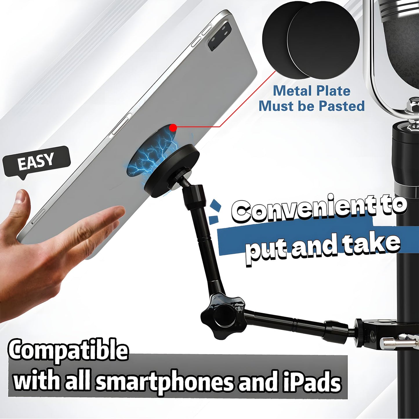 Magnetic Tablet Holder for Mic Stand, Full Metal Phone & iPad Music Stand, Compatible with All Models of iPad and iPhone Devices, Adjustable at Any Angle