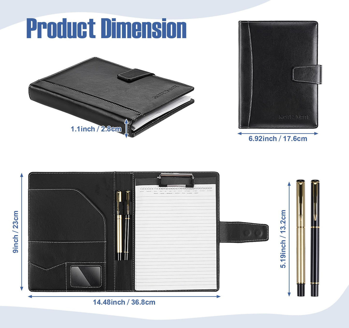NOTEZMATE Padfolio Notepad Holder with Clipboard,A5 Faux Leather Padfolio Folder for Interview Resume,Magnetic Closure Legal Pad Folder with Business Holder,2 Pens & 5x8 Writing Pad for Office,Black