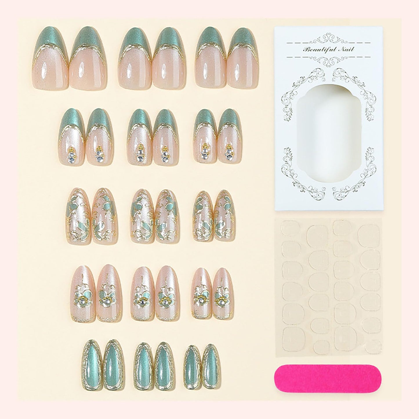 RUOKEXIN Long Almond Press on Nails French Tip Fake Nails Green False Nails with 3D Gold Flower Designs Stiletto Nail Press ons Sparkly Artificial Nails for Women 30Pcs