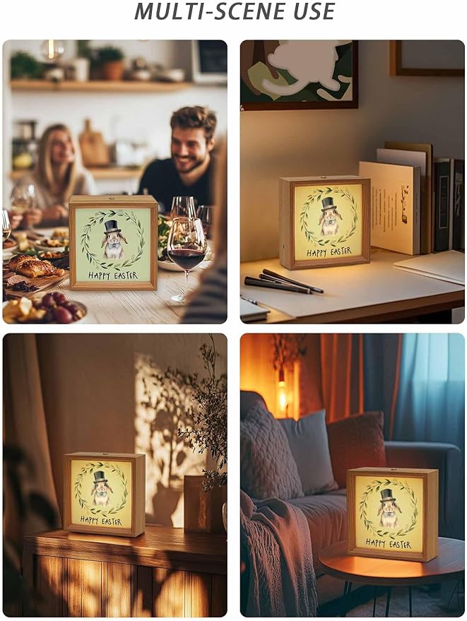 Happy Easter Bunny Garland Wooden LED Night Light USB Rechargeable Dimmable Touch Table Light for Home Decor Pastoral Eucalyptus Leaf Wood Picture Frame Box,6.5X6.5IN
