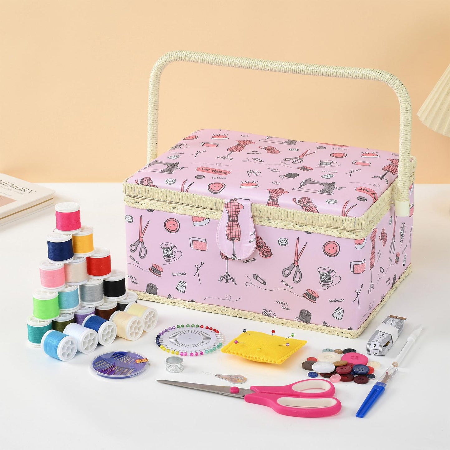 FOPUGT Sewing Basket - Large Sewing Box for Sewing Supplies, Sewing Organizer Box Sewing Kit Storage Christmas Gift for Sewing Enthusiast (Pastel Pink - Large)