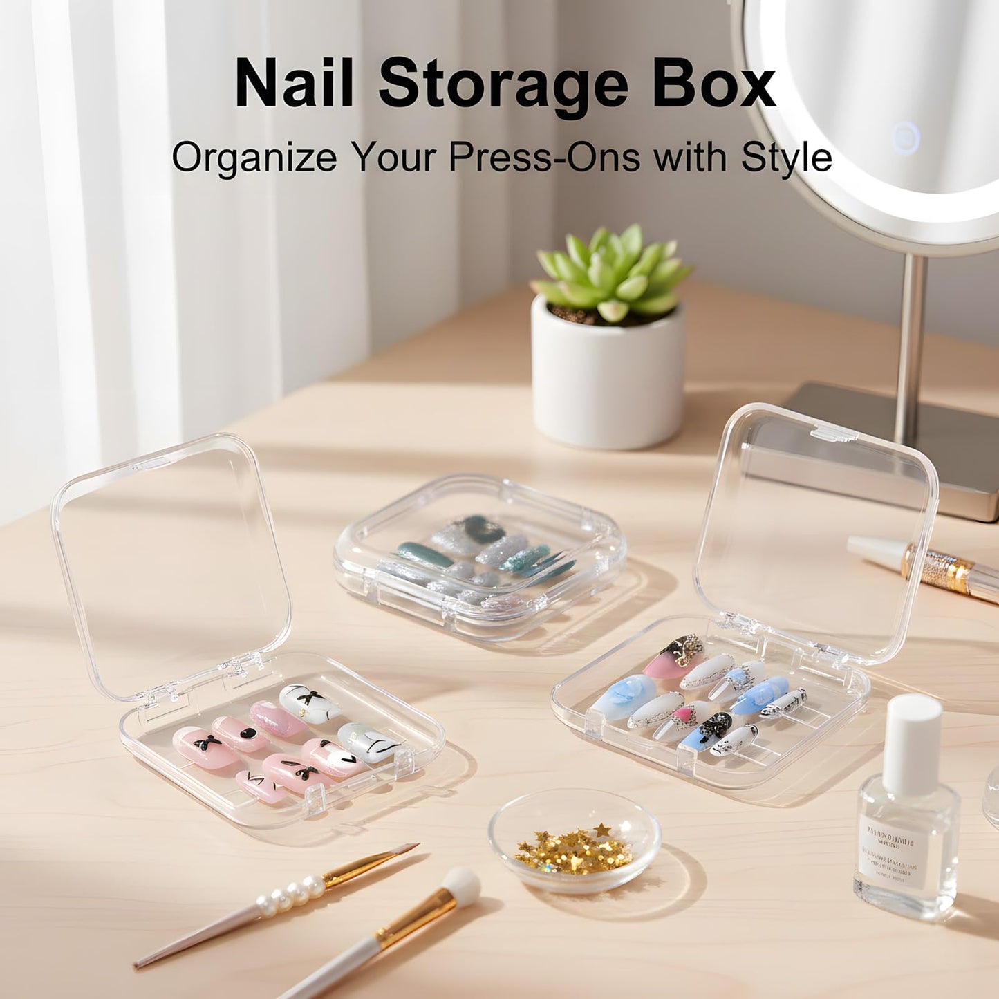 12 Pcs Press on Nail Storage Box with 60 Pcs Double Sided Adhesive Tapes, Nail Packaging Boxes Fake Nail Display Case Crystal Clear Nail Storage Box with Gift Box for Nail Art Business Nail Salon