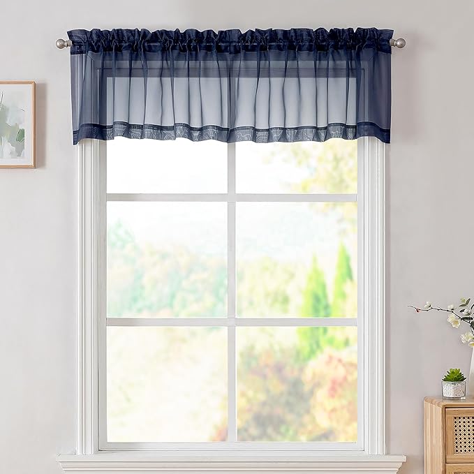Simplebrand Navy Valances 14 Inches Long for Living Room Pocket 2 Panel Light Filtering Sheer Translucent Valence Toppers for Window Kitchen Bathroom Bedroom 42x14 Inch Length