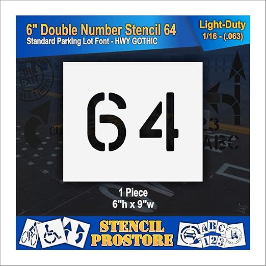 Pavement, Curb, and WheelStop Stencils - 6 inch Double Number Stencil - (64) - 6" x 9" x 1/16" (63 mil) - Light-Duty